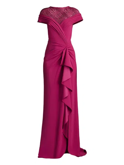 TADASHI SHOJI PLEATED LACE-SHOULDER GOWN