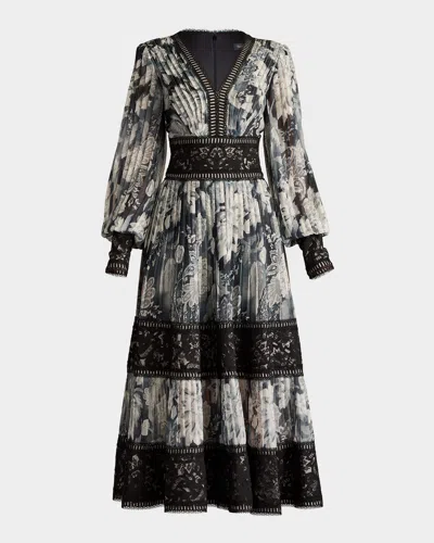 TADASHI SHOJI PLEATED LACE TIERED FLORAL-PRINT MIDI DRESS