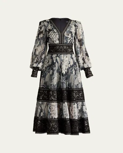 TADASHI SHOJI PLEATED LACE TIERED FLORAL-PRINT MIDI DRESS