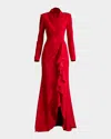Tadashi Shoji Textured Crepe V-neck Long Sleeve Gown In Scarlet