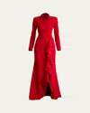 Tadashi Shoji Pleated Long-sleeve Ruffle Crepe Gown In Scarlet