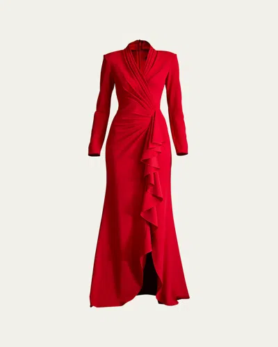 Tadashi Shoji Pleated Long-sleeve Ruffle Crepe Gown In Scarlet