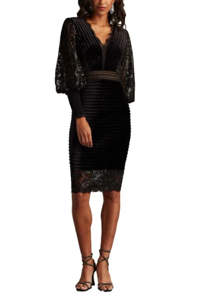 Tadashi Shoji Pleated Long Sleeve Velvet Cocktail Dress In Black