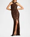 Tadashi Shoji Pleated Metallic Jersey Column Gown In Bark