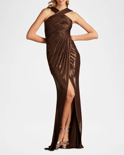 Tadashi Shoji Pleated Metallic Jersey Column Gown In Bark