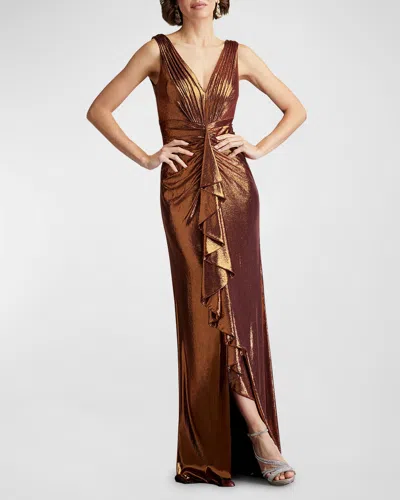 Tadashi Shoji Pleated Metallic Jersey Column Gown In Brown