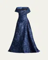 Tadashi Shoji Textured Crepe Portrait Collar Gown In Midnight