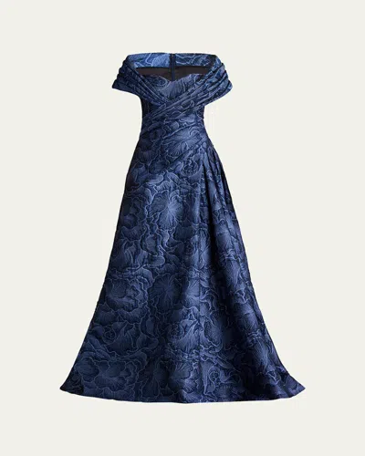 TADASHI SHOJI PLEATED OFF-SHOULDER FLORAL JACQUARD GOWN