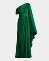Tadashi Shoji Pleated One-shoulder Cape Gown In Bamboo