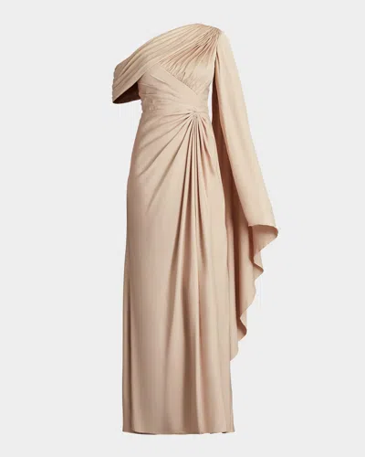 Tadashi Shoji Pleated One-shoulder Cape Gown In Multi