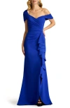 Tadashi Shoji Textured Crepe Asymmetrical Gown In Mystic Blue