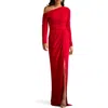 Tadashi Shoji Pleated One-shoulder Long Sleeve Crepe Gown In Flame