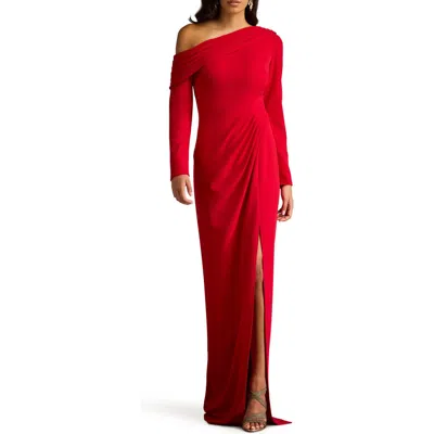 Tadashi Shoji Pleated One-shoulder Long Sleeve Crepe Gown In Flame