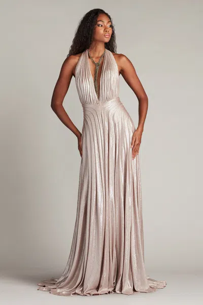Tadashi Shoji Pleated Plunging Halter Neck Gown In Multi