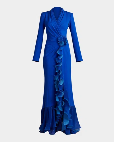 Tadashi Shoji Pleated Ruffle Trumpet Gown In Blue