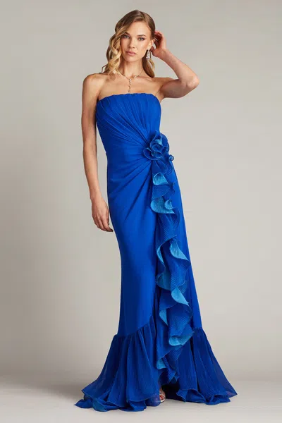 Tadashi Shoji Pleated Strapless Gown With Cascading Ruffles In Multi