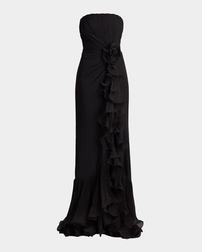 Tadashi Shoji Pleated Strapless Ruffle Gown In Black