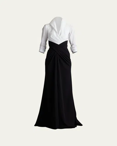 Tadashi Shoji Pleated Taffeta & Crepe Gown In Ivoryblack