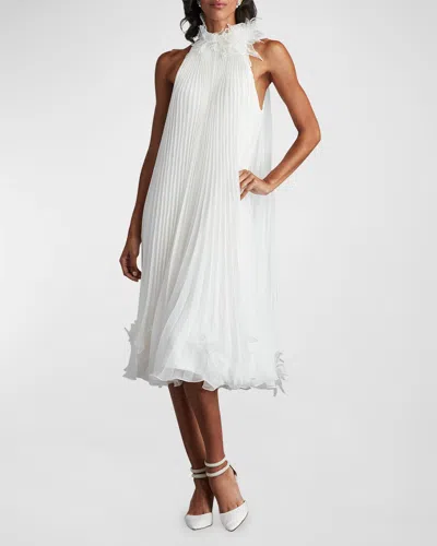 Tadashi Shoji Pleated Trapeze Chiffon Midi Dress In White