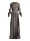 Tadashi Shoji Sequin Lace Detail Long Sleeve Chiffon Gown In Gray