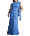 Tadashi Shoji Plus Size Cassia Bow-shoulder Crepe Gown In Blue