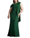 Tadashi Shoji Plus Size Cassia Bow-shoulder Crepe Gown In Green