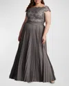 Tadashi Shoji Plus Size Off-shoulder Pleated Sequin Lace Gown In Mist