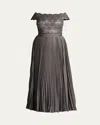 Tadashi Shoji Plus Size Off-shoulder Pleated Sequin Lace Gown In Mist