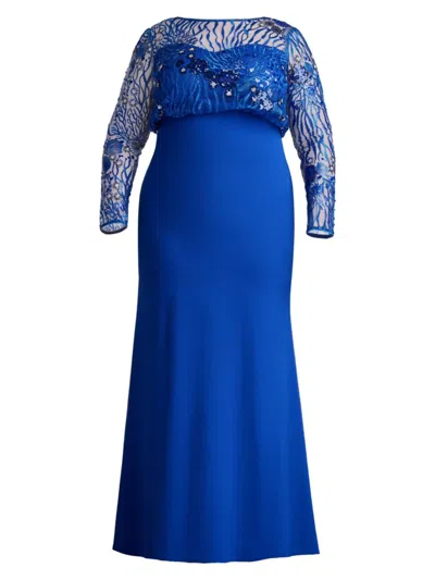Tadashi Shoji, Plus Size Women's Plus Size Blouson Sequin Lace Crepe Gown In Mystic Blue