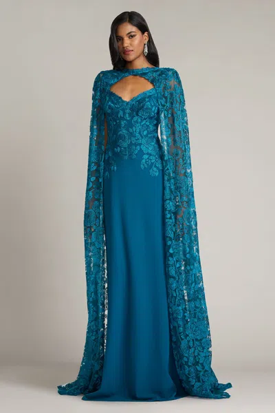 Tadashi Shoji Polidore Embroidered Cape Sleeve Gown In Blue