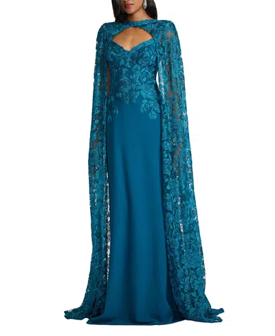 Tadashi Shoji Polidore Embroidered Cape Sleeve Gown In Blue