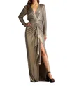 Tadashi Shoji Metallic Jersey Long Sleeve Blouson Gown In Brown