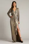 Tadashi Shoji Pomona Metallic Waterfall Flounce Gown In Brown