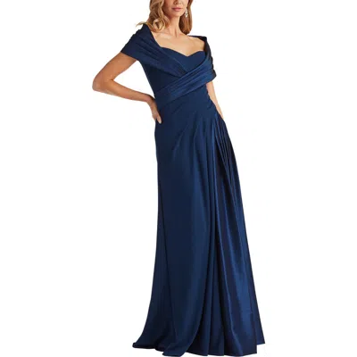 Tadashi Shoji Milica Draped Portrait Collar Gown In Blue