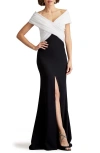 Tadashi Shoji Pleated Two-tone Off-shoulder Gown In Ivory/black