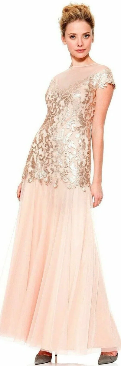 Pre-owned Tadashi Shoji Primrose Sequin Embroidered Lace Illusion Tulle Dress Gown