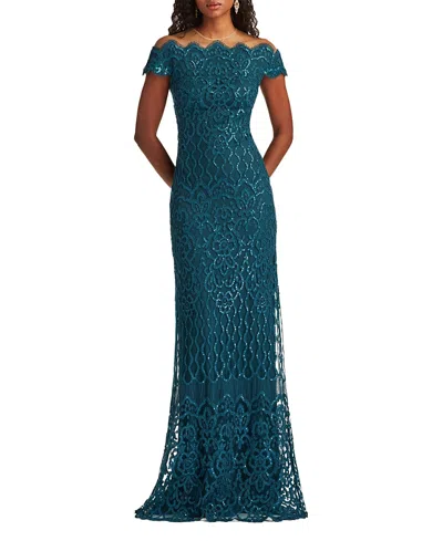 Tadashi Shoji Rater Sequin Embroidered Off-shoulder Gown In Blue