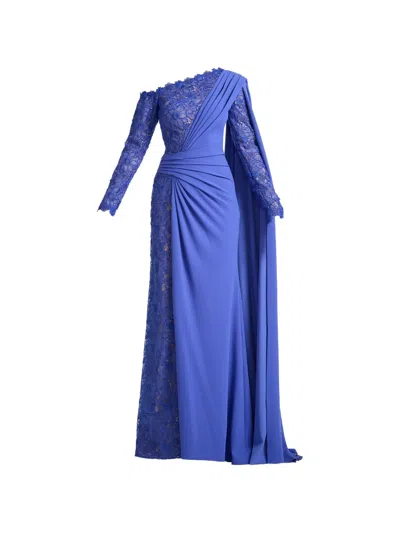 Tadashi Shoji Ravelle One-shoulder Lace-panelled Maxi Dress In Blue