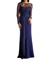 Tadashi Shoji Floral Embroidery Long Sleeve Mixed Media Gown In Navy
