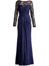 Tadashi Shoji Floral Embroidery Long Sleeve Mixed Media Gown In Blau