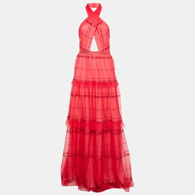 Pre-owned Tadashi Shoji Red Sequin Tulle Halter Neck Tiered Gown M