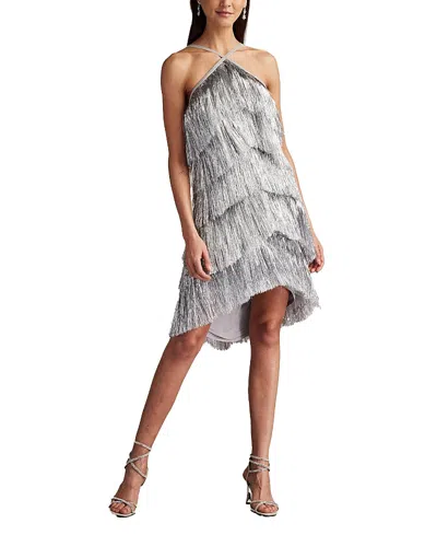Tadashi Shoji Remedy Metallic Fringe Mini Dress In Platinum
