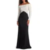 Tadashi Shoji Rhinestone Floral Off The Shoulder Mixed Media Gown