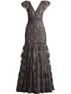 Tadashi Shoji Metallic Corded Embroidered Tulle Sleeveless Gown In Grau