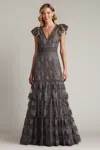 Tadashi Shoji Metallic Corded Embroidered Tulle Sleeveless Gown In Gray