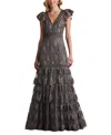 Tadashi Shoji Metallic Corded Embroidered Tulle Sleeveless Gown In Grey