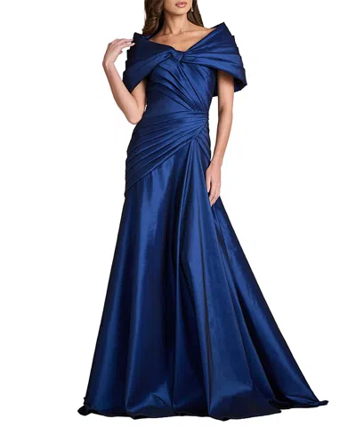 Tadashi Shoji Pleated Off-shoulder Maxi Gown In Blue