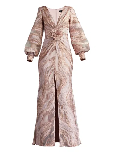 Tadashi Shoji Roselle Gilded Rose-embellished Swirl-print Maxi Dress In Pink