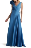 Tadashi Shoji Sleeveless Draped Ruffle Crepe Gown In Cadet Blue