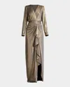 Tadashi Shoji Ruched Metallic Jersey Column Gown In Smoke Pearl